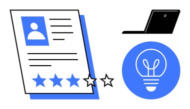 Resume document with profile picture and rating stars, laptop for work productivity, and idea bulb for innovation. Ideal for career growth, performance, creativity, evaluation, work, recruitment