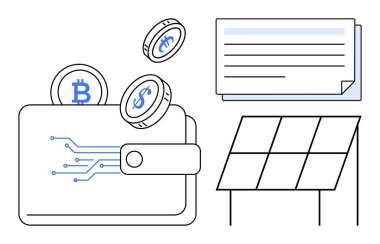 Digital wallet holding cryptocurrency coins, solar panel representing renewable energy, and document for information exchange. Ideal for fintech, sustainability, blockchain, investment, energy