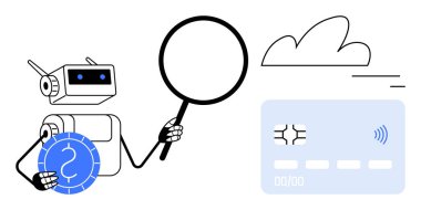 Robot holding magnifier near chip-enabled card and cloud icon while inspecting electronic payment. Ideal for fintech, AI, automation, cybersecurity, technology, payment solutions, simple landing page