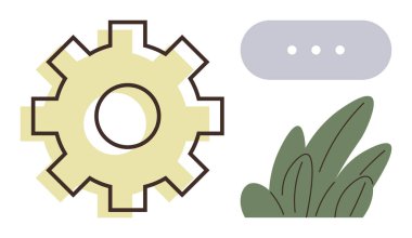 Gear symbolizing process with chat bubble and leaves for communication, creativity, teamwork, innovation, sustainability, eco-design, development. Ideal for concepts thumbs up collaboration
