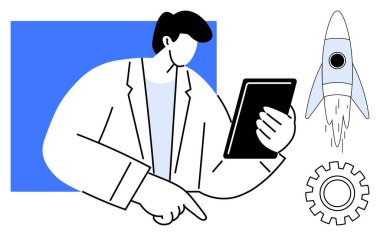 Man holding a tablet while pointing to data analysis. Rocket and gear symbolize innovation, productivity, and technology. Ideal for business, startups, education, creativity, analysis strategy