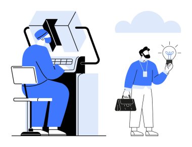 Man operates advanced machinery wearing safety gear, while another holds a glowing lightbulb symbolizing innovation. Ideal for technology, innovation, work safety, creativity, teamwork