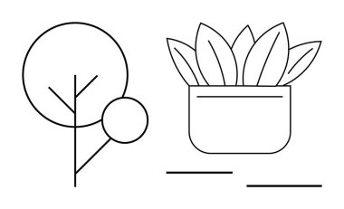 Simplified tree and potted plant line drawings featuring clean outlines and modern style. Ideal for sustainability, gardening, minimalism, eco-living, design, nature love, simple flat metaphor