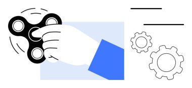 Hand spinning a black fidget spinner, blue sleeve accent, gears symbolizing focus and mechanics. Ideal for relaxation, focus, stress relief, productivity, creativity, innovation simple landing page