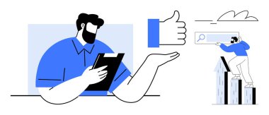 Professional reviewing notes with hand gesture approving results, person climbing charts, search bar. Ideal for leadership, feedback, analytics, career goals, success progress decision-making. A