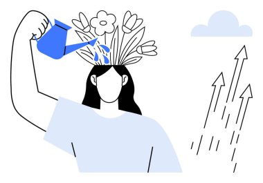 Person nurturing their mind with watering can, flowers blooming as growth symbol, upward arrows, cloud. Ideal for self-care, development, creativity, mindfulness, positivity mental health simple