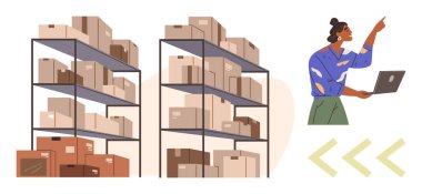 Warehouse shelves stacked with boxes, accompanied by a worker with a laptop pointing upward. Ideal for logistics, distribution, inventory, supply chain, e-commerce, management, simple flat metaphor