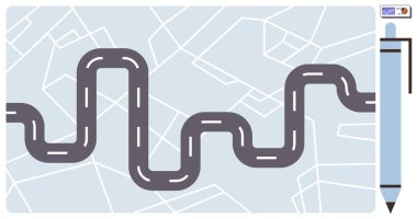 S-shaped road on abstract map with a detailed pen suggesting progress, planning, or creative direction. Ideal for journey, navigation, creativity, progress, exploration strategy success. Simple
