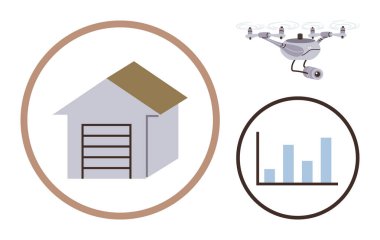 Warehouse with garage door, quadcopter for delivery, and bar chart signify automation, modern logistics, tech integration. Ideal for e-commerce, supply chain, delivery innovation, efficiency data