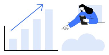 Bar chart showing growth trends with upward arrow. Businesswoman holding clipboard and pointing. Ideal for business growth, leadership, success, strategy, teamwork, analytics, simple landing page