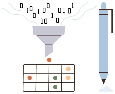 Binary numbers flow into funnel, dropping colored dot into grid with nearby pen. Ideal for data analysis, process automation, information sorting, big data, system workflow, decision-making, simple