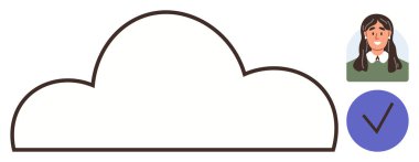 Cloud outline connected to a smiling user profile icon paired with a verification checkmark. Ideal for data security, cloud services, user account, authentication, privacy, technology, simple flat