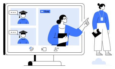 Educator delivering live online class through monitor with visible students in graduation caps. Ideal for education, e-learning, technology, remote teaching, professional training, webinars, virtual