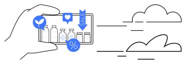Hand holding phone featuring bottles, percentage, sale, eco-friendly and engagement icons minimal clouds add motion. Ideal for e-commerce, sustainability, mobile marketing, sales, promotion social