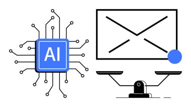 AI processor chip connected by circuits, computer screen with mail icon, and balance scales below. Ideal for technology, email, automation, innovation, efficiency, decision-making futuristic
