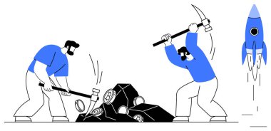 Two individuals mining resources with tools thumbs up pickaxes and hammer near a rocket launch. Ideal for teamwork, innovation, entrepreneurship, progress, technology, success, investment. Simple