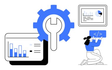 Large gear and wrench symbolizing tools, data graphs, pie charts, and a developer coding. Ideal for technology, software development, data analysis, IT solutions, innovation progress and a simple
