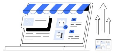 Laptop with storefront design, product images, discount label, and shopping icons. Arrows indicate growth. Ideal for e-commerce, online shopping, website design, marketing analytics sales simple