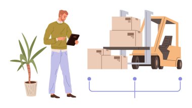 Worker holding tablet while inspecting stacked boxes on a forklift, next to a plant. Ideal for logistics, supply chain, warehouse management, inventory, shipping, delivery, teamwork simple flat