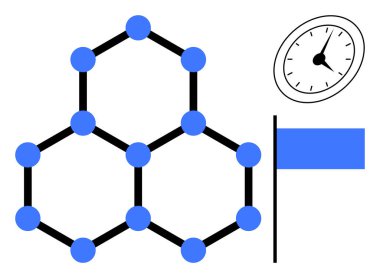 Hexagonal molecular structure with blue nodes, a clock at the top right, and a blue flag beside it. Ideal for science, research, organization, achievement, innovation, progress and time management