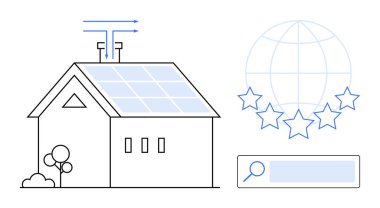 House with solar panels, airflow arrows, globe with star ratings, and search bar. Ideal for sustainability, renewable energy, eco-friendly solutions, reviews, ratings search tools simple landing