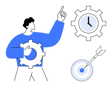 Man holding gear gesturing upwards, clock inside gear, dart hitting target. Ideal for productivity, strategy, goal setting, time management, teamwork business solutions leadership. Simple flat