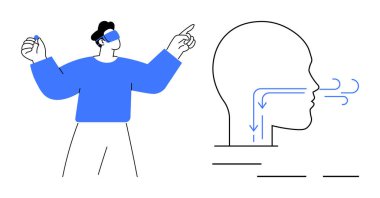 Individual wearing VR headset gesturing dynamically alongside schematic of airflow through human respiratory system. Ideal for technology, health, learning, innovation, virtual experiences, science