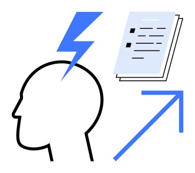 Head silhouette energized by lightning bolt, papers with text, and upward arrow representing creativity, planning, and progress. Ideal for innovation, productivity, brainstorming, growth vision