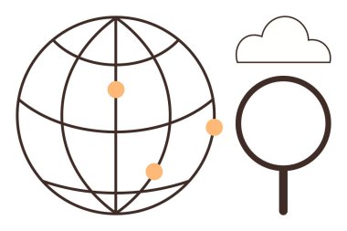 Wireframe globe with location points, magnifying glass, and cloud symbol. Ideal for global search, data sharing, innovation, sustainability, technology cloud computing and networking. A simple flat