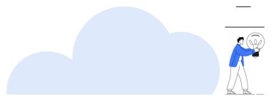 Large abstract cloud with a person holding a glowing light bulb. Ideal for technology, innovation, cloud computing, creativity, ideas, solutions, startup concepts. Simple flat metaphor