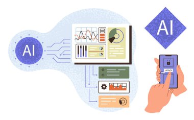 AI technology connecting charts, graphs, and mobile authentication. Ideal for innovation, machine learning, big data, cybersecurity, analytics tech advancements digital solutions. Simple flat