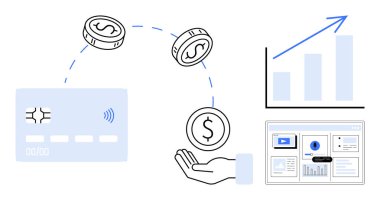 Credit card, hand with coins, upward graph, and data dashboard convey cashless transactions and financial management. Ideal for commerce, banking, fintech, growth analytics, investments online