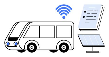 Electric bus with wireless signal, solar panel, and documents, representing sustainable transit and communication. Ideal for green energy, technology, transport, innovation, connectivity smart city