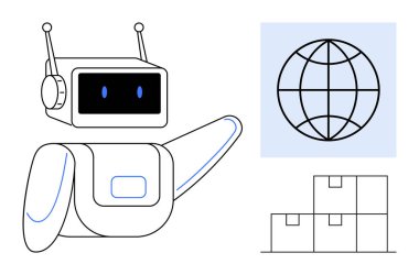 Robot with glowing eyes gesturing beside a globe and stacked parcels, symbolizing automation, technology, global communication, and logistics. Ideal for AI, supply chain, robotics, sustainability