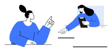Two individuals exchanging ideas with gestures one pointing upwards, another with a clipboard indicating direction. Ideal for teamwork, collaboration, brainstorming, communication, decision-making