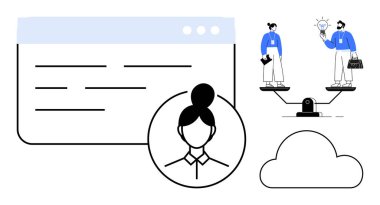Businesspeople balancing scales, web profile icon, cloud, and interface window. Ideal for teamwork, talent management, innovation, equality digital integration leadership simplicity. Flat simple
