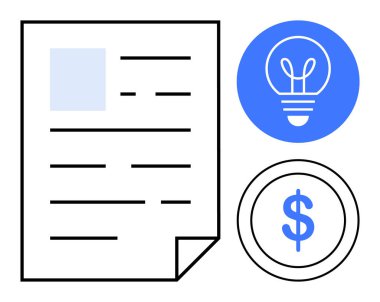 Document with text beside dollar and light bulb, representing finance, creativity, and ideas. Ideal for business, innovation, financial planning, entrepreneurship, investments education simple