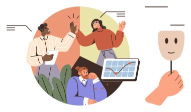 Team brainstorming ideas, high-fiving for success, chart analyzing progress, mask representing emotions. Ideal for teamwork, collaboration, productivity, motivation, emotional intelligence growth