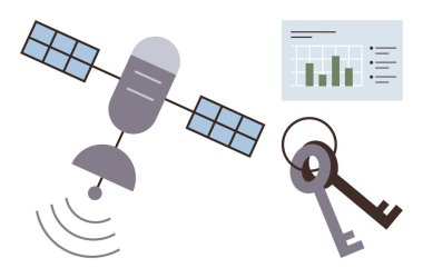 Satellite transmitting signals, data analytics chart, and keys for technology, security, space exploration, communication, data analysis, innovation and access. Ideal for simple flat metaphor