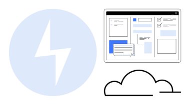 Lightning bolt icon, workflow interface on computer screen, cloud graphic. Ideal for productivity, teamwork, cloud computing, innovation, efficiency SaaS tools digital transformation. Simple flat