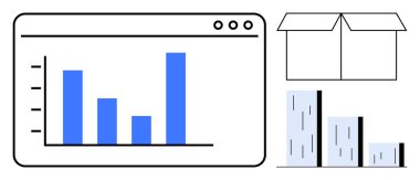Bar graph in a browser frame, open box, and stacked blocks representing data handling, analysis, and storage. Ideal for business, logistics, technology, strategy productivity education simple flat