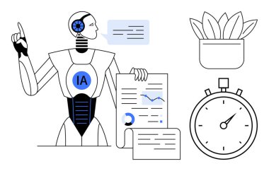 AI robot presenting data charts and insights while holding documents, gesturing ideas, paired with stopwatch and plant. Ideal for technology, productivity, AI innovation, data analysis, efficiency