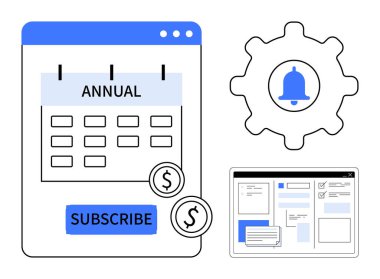Annual calendar with subscribe button, dollar coins, gear with bell icon, and interface layout. Ideal for subscription plan, e-commerce, payment, settings, SaaS notifications online services