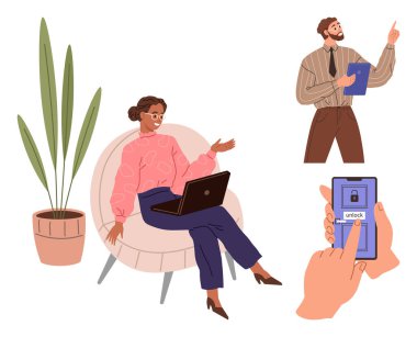 Team discussing ideas, one using a laptop, the other with a clipboard, smartphone access demo, and potted plant. Ideal for teamwork, remote work, business communication, collaboration security