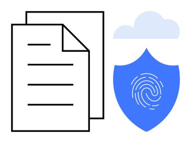 Paper documents beside a shield with a fingerprint and a cloud icon. Ideal for cybersecurity, privacy, data protection, compliance, digital storage, cloud safety, secure access. Simple flat metaphor