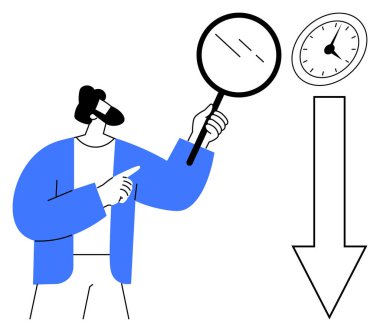 Person holding magnifying glass toward clock, pointing at downward arrow. Ideal for time management, deadlines, efficiency, focus, productivity, urgency analysis. Simple flat metaphor