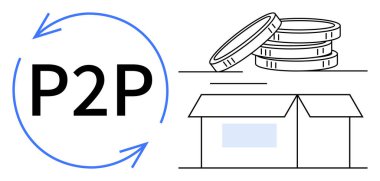 Circular arrows, stacked coins, and an open delivery box emphasizing direct exchange and transactions. Ideal for peer-to-peer trade, finance, e-commerce, logistics, sharing economy, crowdfunding