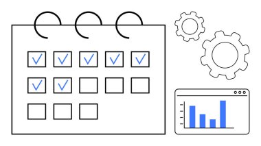 Calendar with checkmarks, gears symbolizing processes, and an analytics chart. Ideal for productivity, task management, workflow, project planning, performance tracking, automation simple landing
