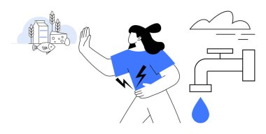 Woman holding stomach and blocking dairy, fish, grains while water flows from a faucet. Ideal for health, allergies, food sensitivity, dehydration, sustainability, diet choice simple flat metaphor