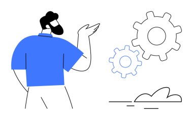 Bearded man in blue shirt pointing at gears, representing collaboration, workflow, innovation. Ideal for productivity, teamwork, engineering, planning, problem-solving creativity simple flat